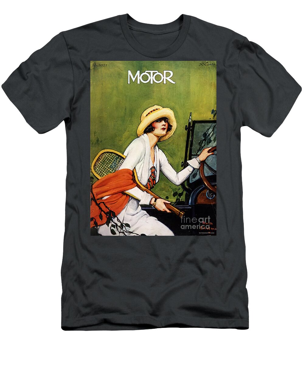 Vintage T-Shirt featuring the mixed media 1920s Cover Motor Magazine Featuring Fashion Model And Roadster by Retrographs