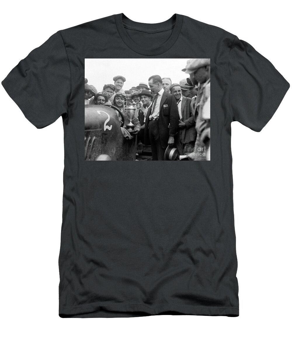 Vintage T-Shirt featuring the photograph 1920s, Race Winner In Duesenberg With Trophy Cup by Retrographs