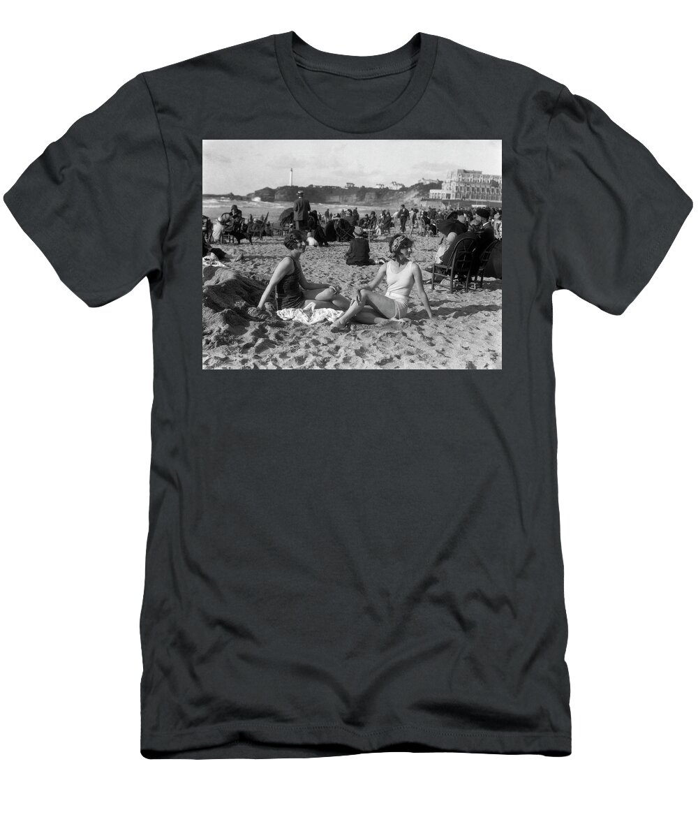 Photography T-Shirt featuring the photograph 1920s Two Women Sitting On Beach by Vintage Images