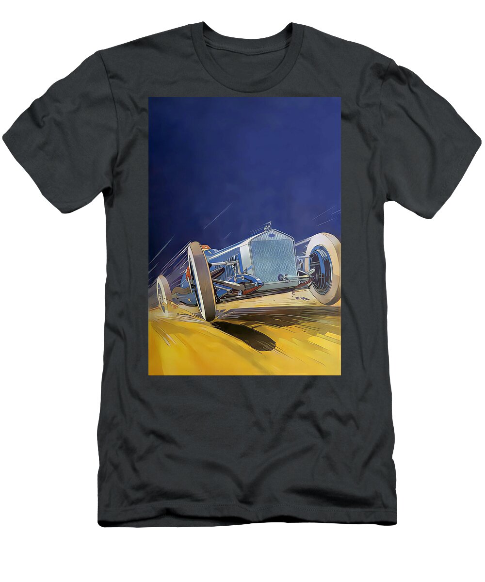 Vintage T-Shirt featuring the mixed media 1926 Delage Racing Car At Speed Dramatic Perspective Original French Art Deco Illustration by Retrographs