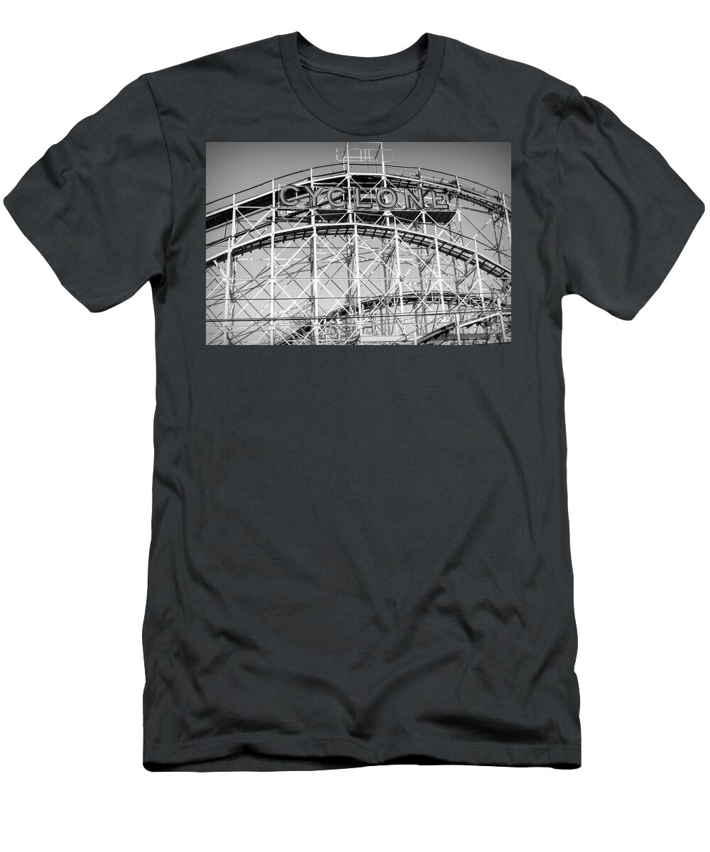 Ny T-Shirt featuring the photograph 1927 Wood Roller Coaster Coney Island BW Cyclone by Chuck Kuhn