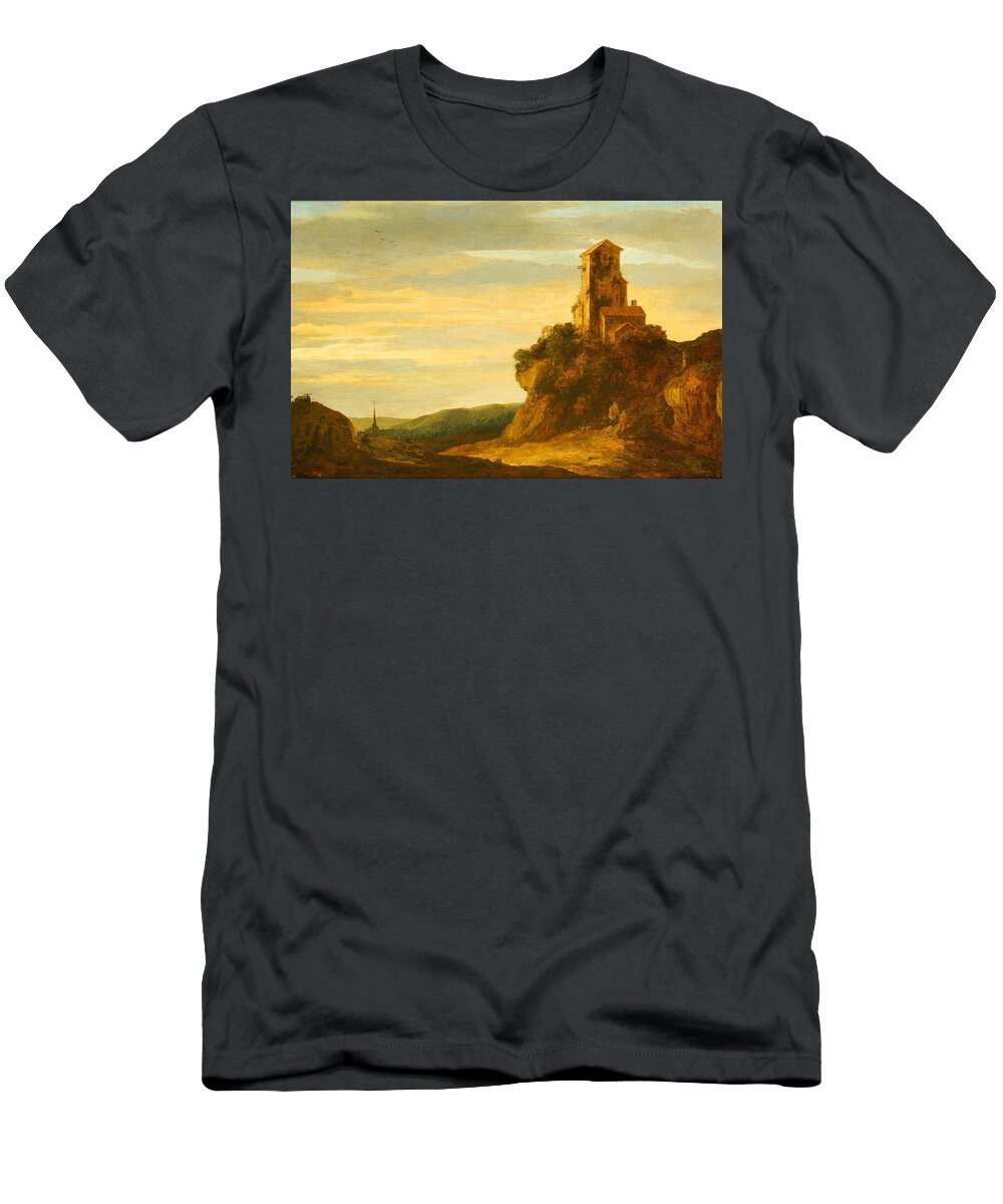Pieter De Molijn (london 1595 - Haarlem 1661) T-Shirt featuring the painting A Hilly Landscape with Wanderers at the Foot of a Castle Ruin #2 by MotionAge Designs
