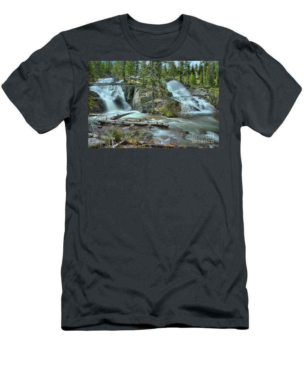 Twin Falls T-Shirt featuring the photograph 2 Medicine Twin Falls by Adam Jewell
