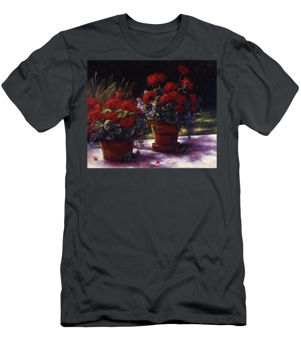 Red T-Shirt featuring the painting Red Geranium Pots by Lynne Pittard