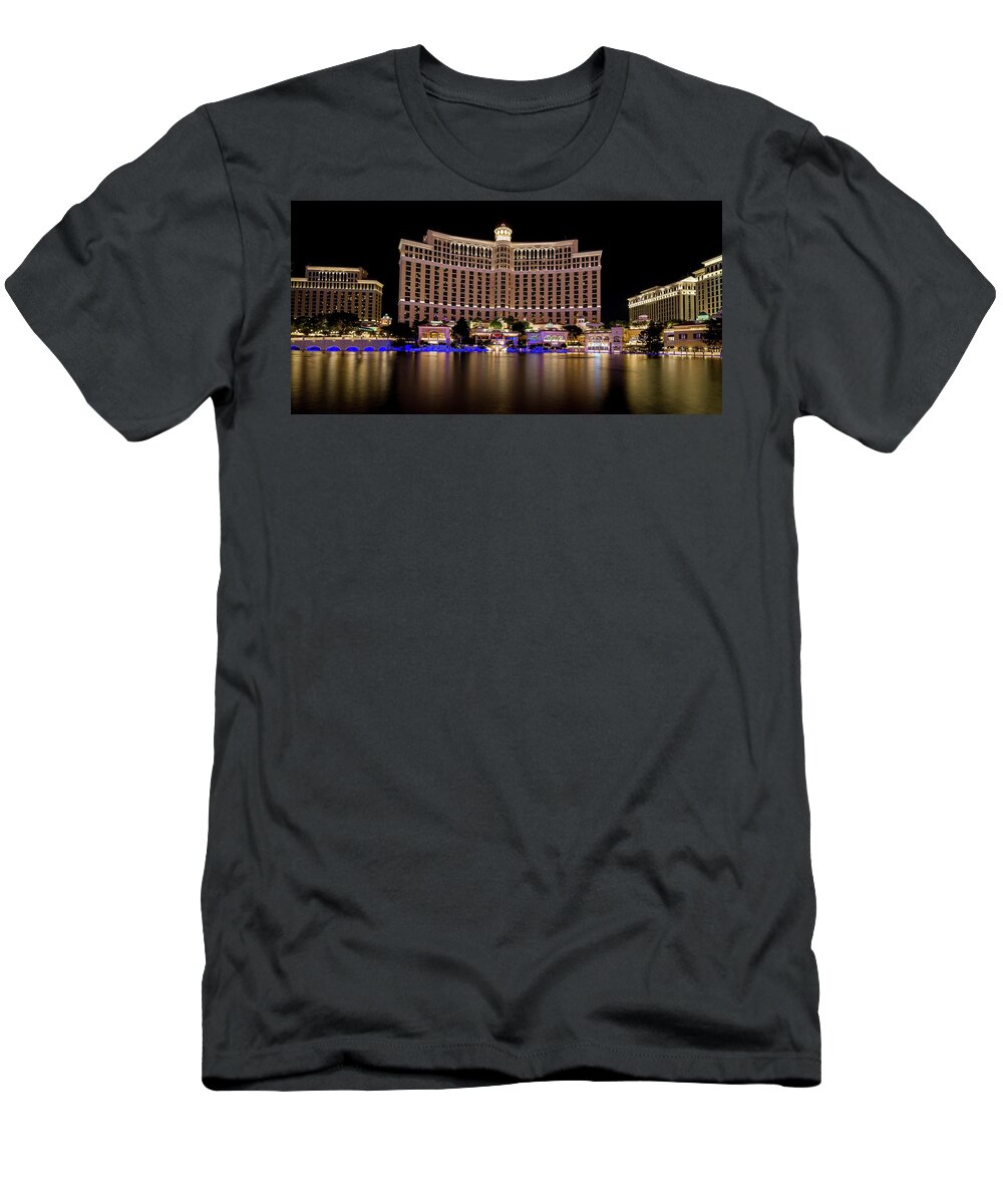 Water T-Shirt featuring the photograph World Famous Fountain Water Show In Las Vegas Nevada #2 by Alex Grichenko