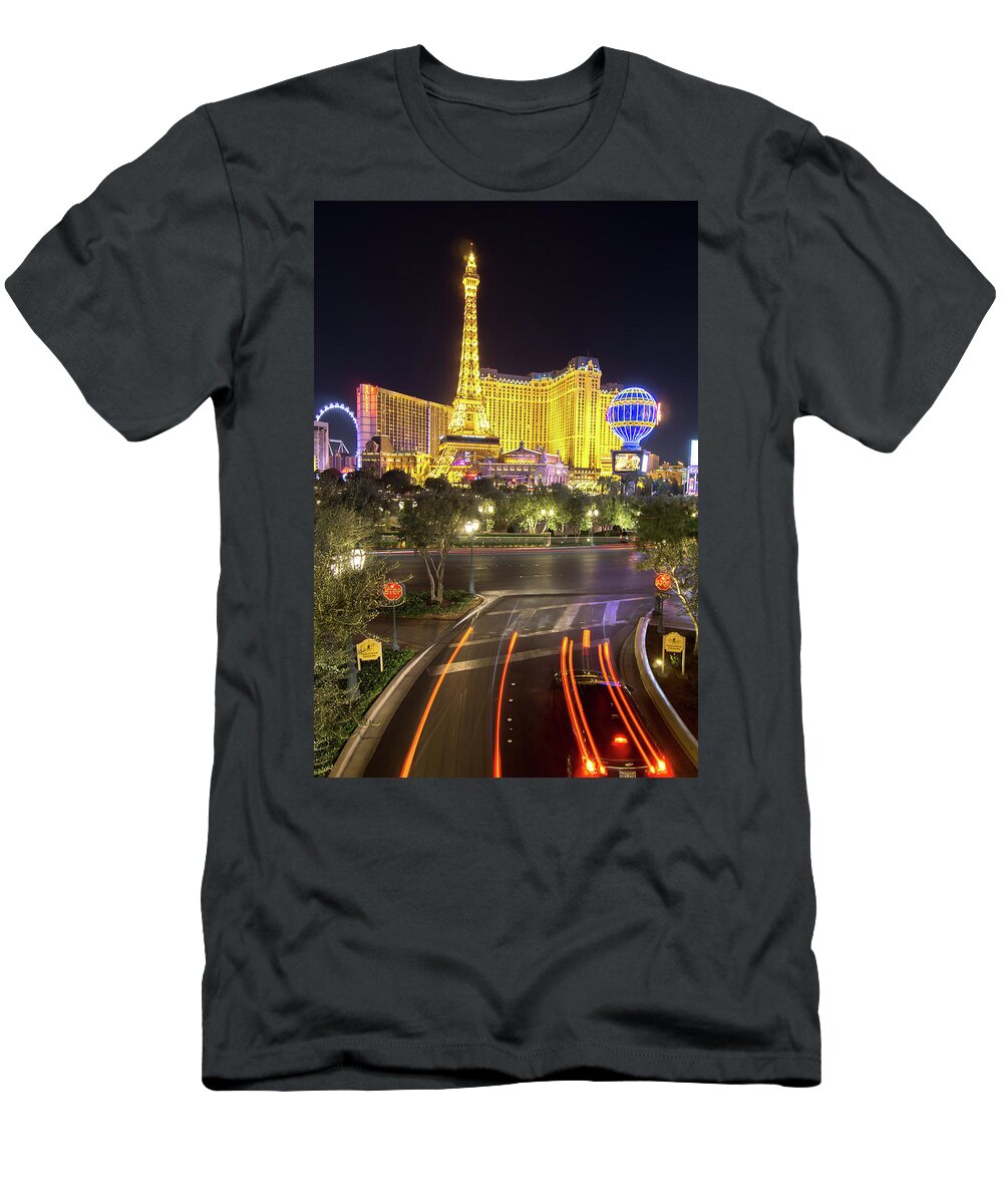 Illumination T-Shirt featuring the photograph Nigh Life And City Skyline In Las Vegas Nevada #25 by Alex Grichenko