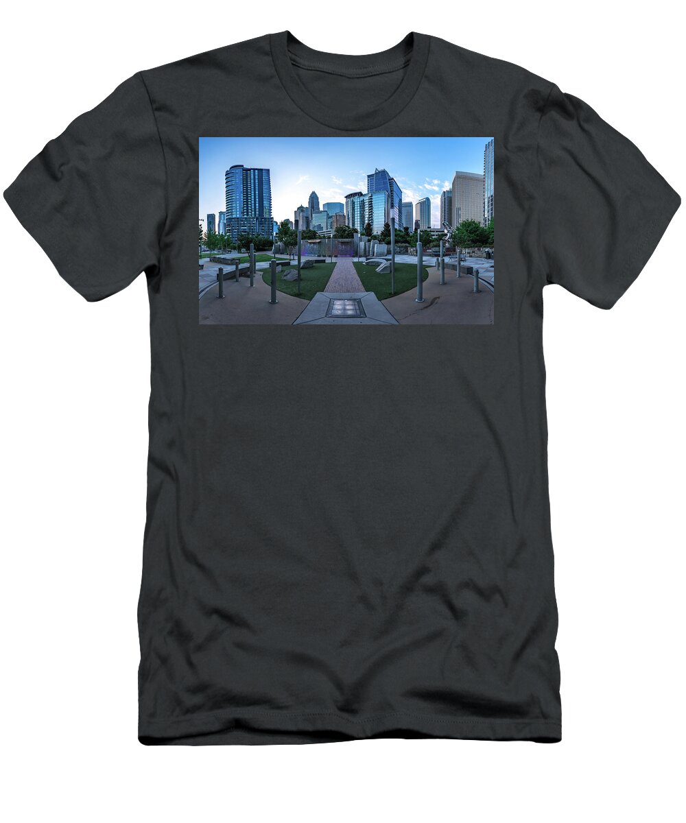 Skyline T-Shirt featuring the photograph Charlotte north carolina skyline from romare bearden park #3 by Alex Grichenko