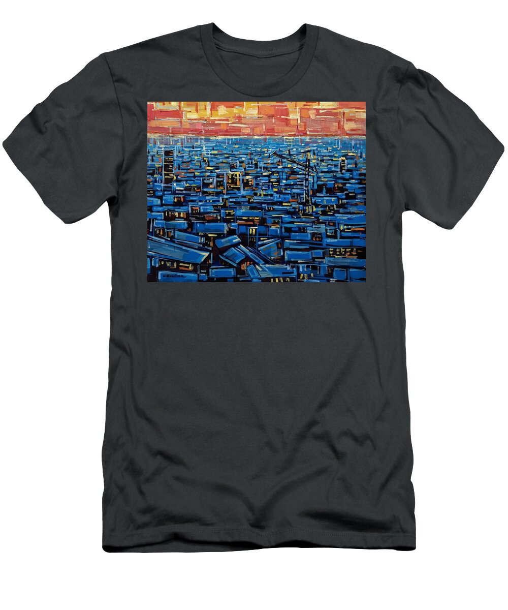 Sunset T-Shirt featuring the painting Facades #3 by Enrique Zaldivar