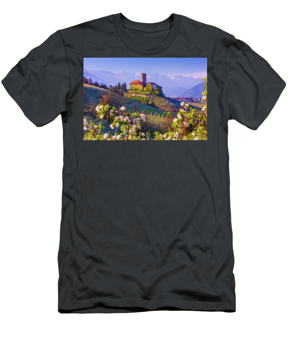 Estock T-Shirt featuring the digital art Italy, Trentino-alto Adige, Alps, Trento District, Trentino, Val Di Non, Tassullo, Castel Valer And Apple Trees In Spring #3 by Olimpio Fantuz