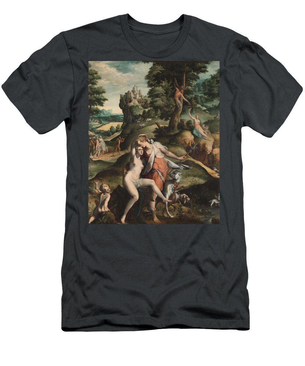 Bartholomeus Spranger T-Shirt featuring the painting Venus and Adonis. #3 by Bartholomeus Spranger