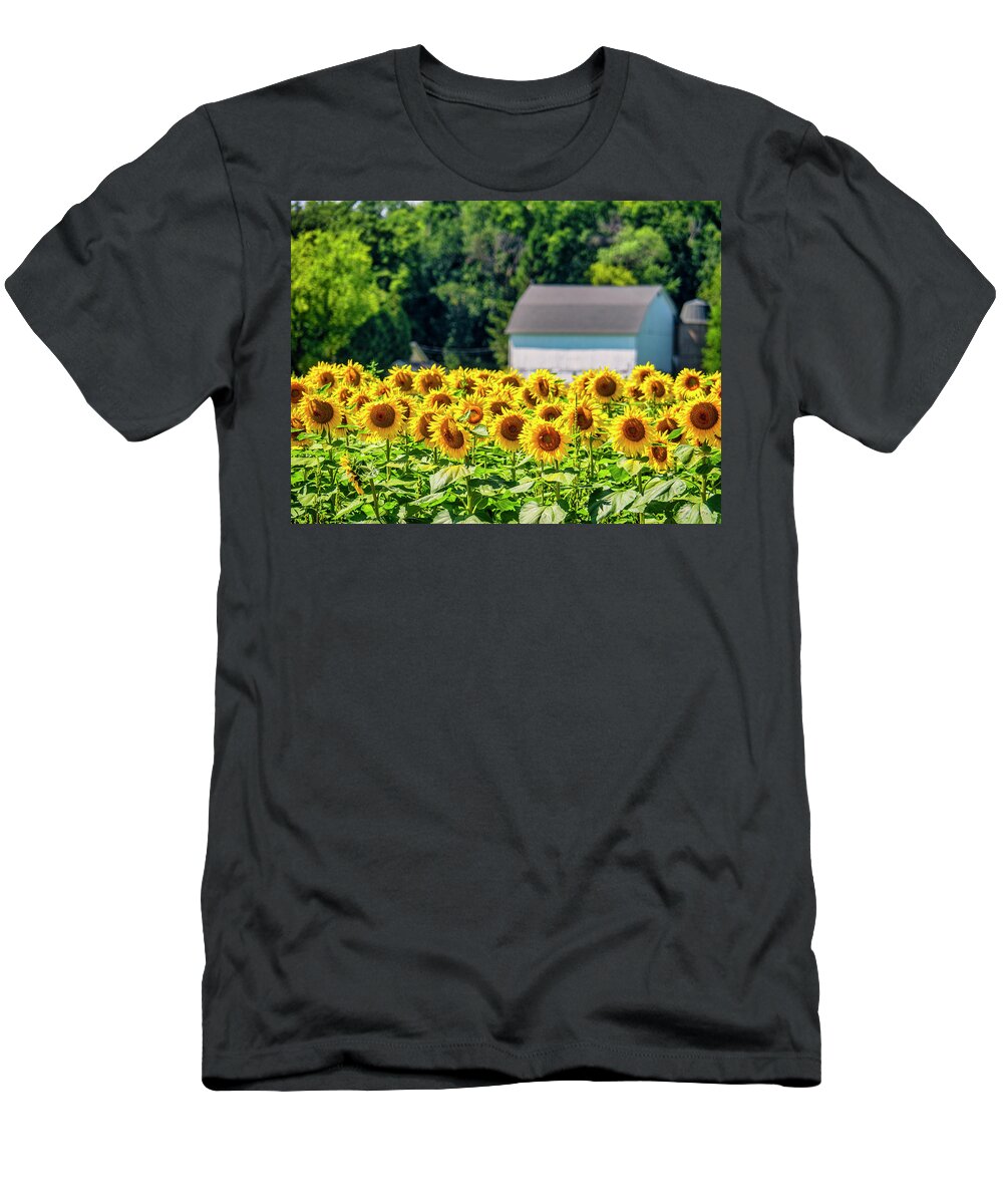 Stone Bank School T-Shirt featuring the photograph Sunflowers at the Stone Bank School by Kristine Hinrichs