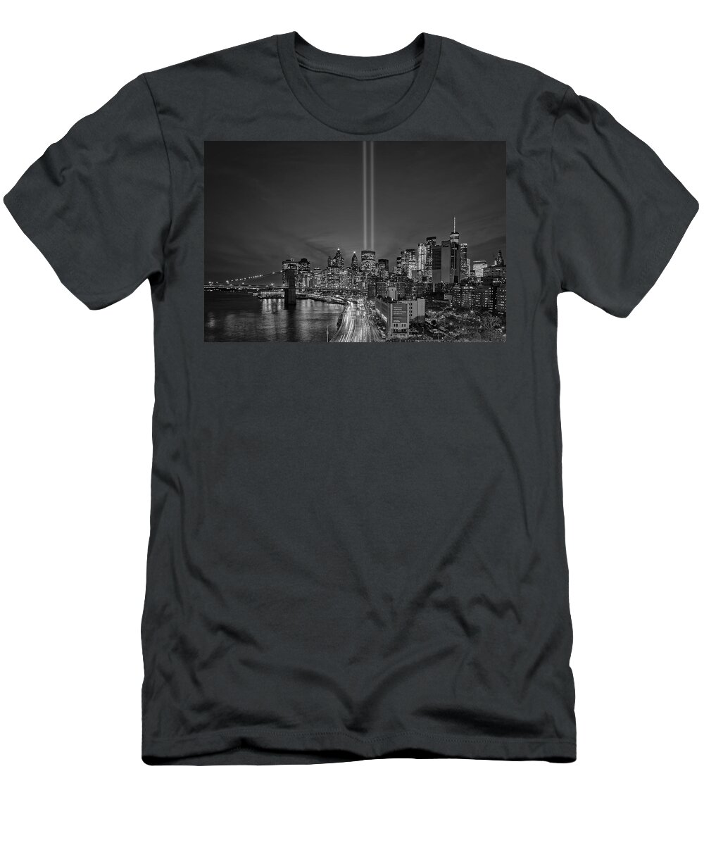 911 Memorial T-Shirt featuring the photograph 911 Tribute In Light In NYC BW by Susan Candelario