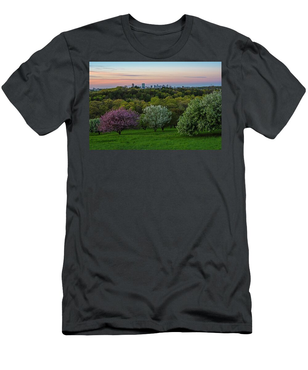 Boston T-Shirt featuring the photograph A Boston spring sunset from the Arnold Arboretum Jamaica Plain Boston Skyline by Toby McGuire
