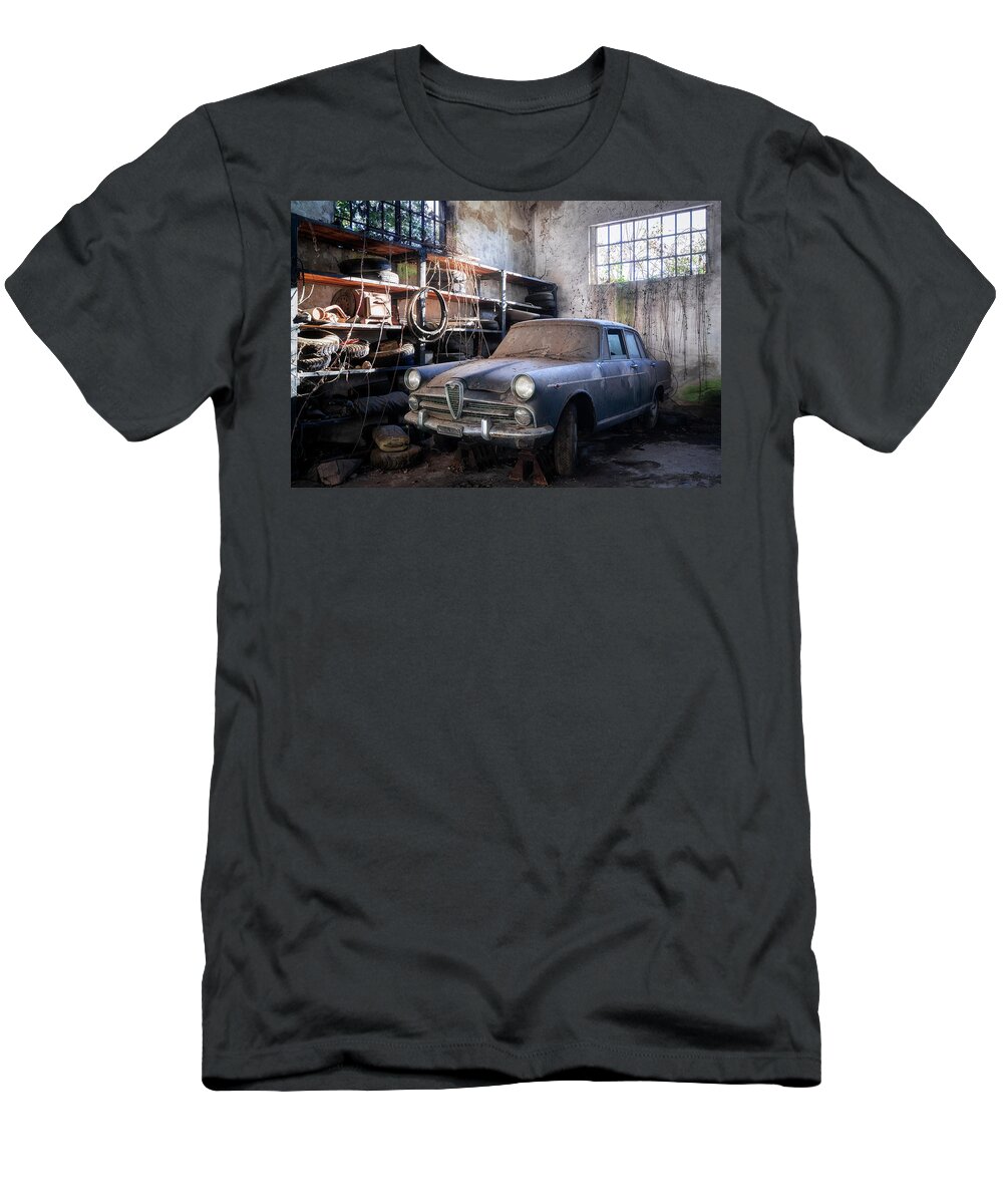 Urban T-Shirt featuring the photograph Abandoned Car in Garage by Roman Robroek