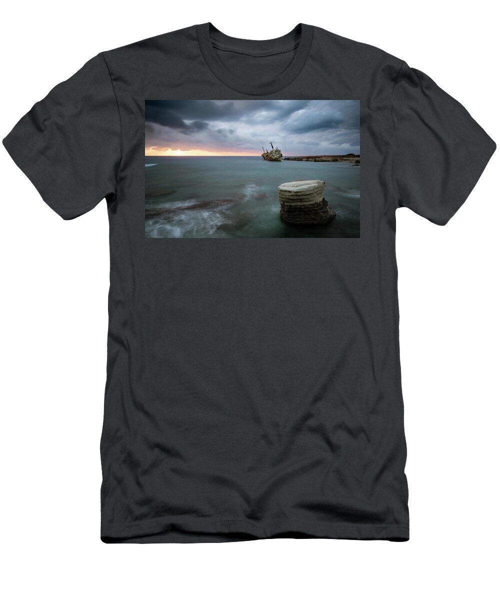 Seascape; Coastline; Sunset; Sundown T-Shirt featuring the photograph Abandoned Ship EDRO III Cyprus by Michalakis Ppalis