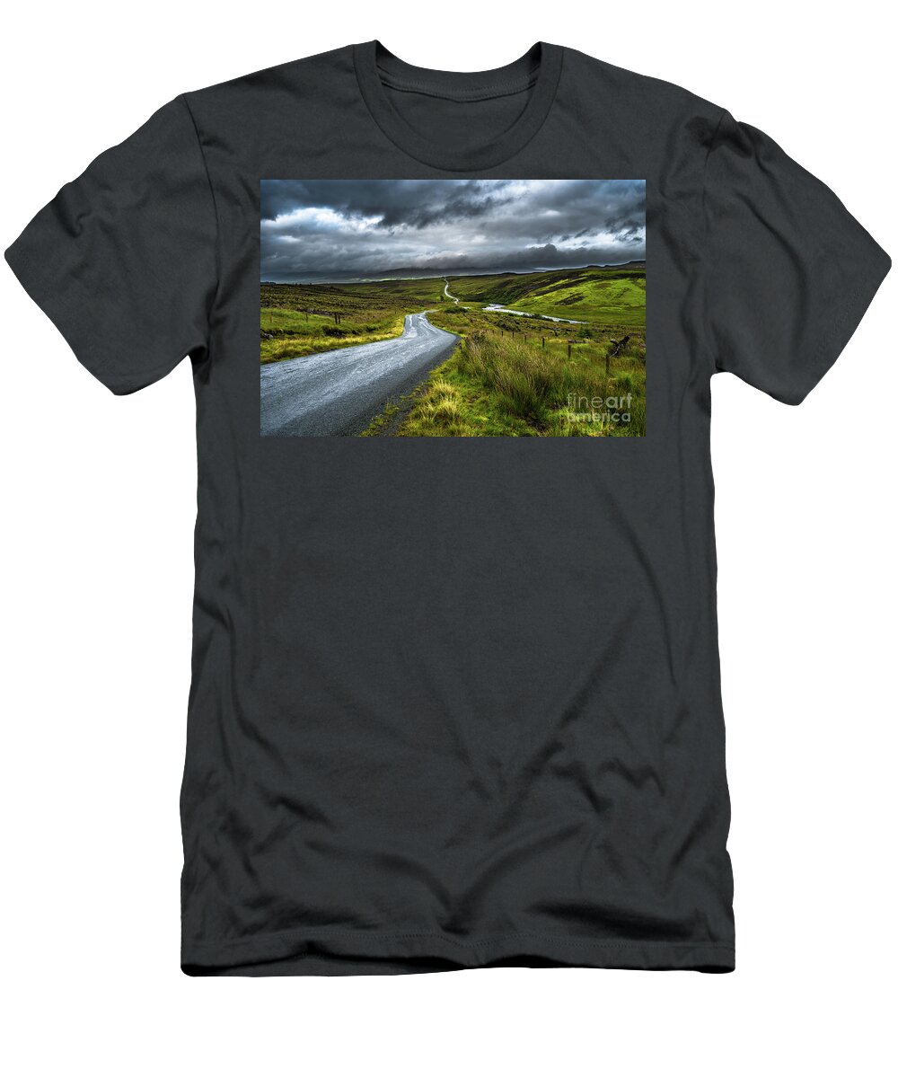 Abandoned T-Shirt featuring the photograph Abandoned Single Track Road Through Scenic Hills On The Isle Of Skye In Scotland by Andreas Berthold