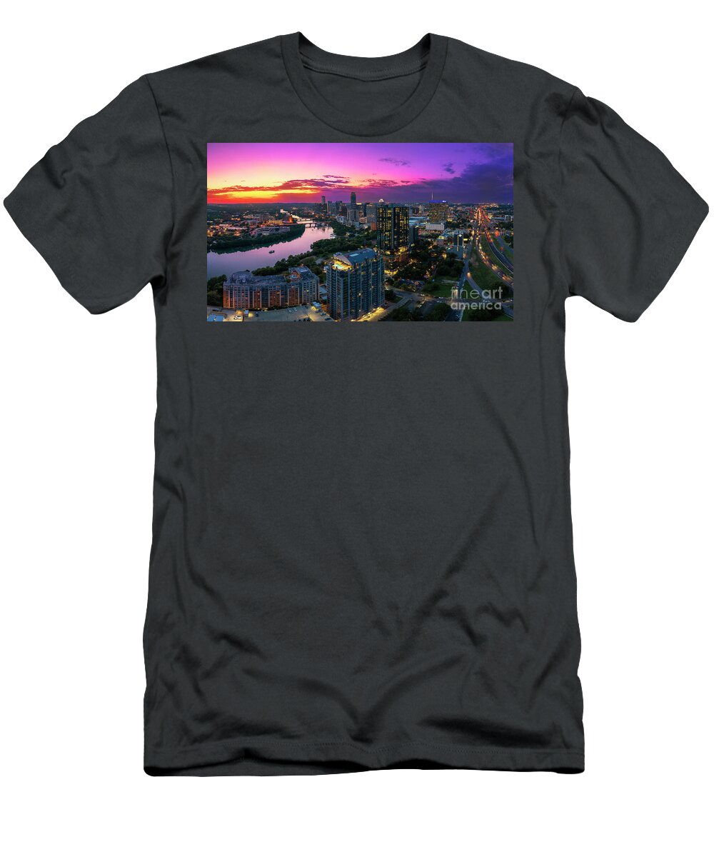 Aerial T-Shirt featuring the photograph Aerial panorama view as beautiful sunset falls over the Rainey D by Dan Herron