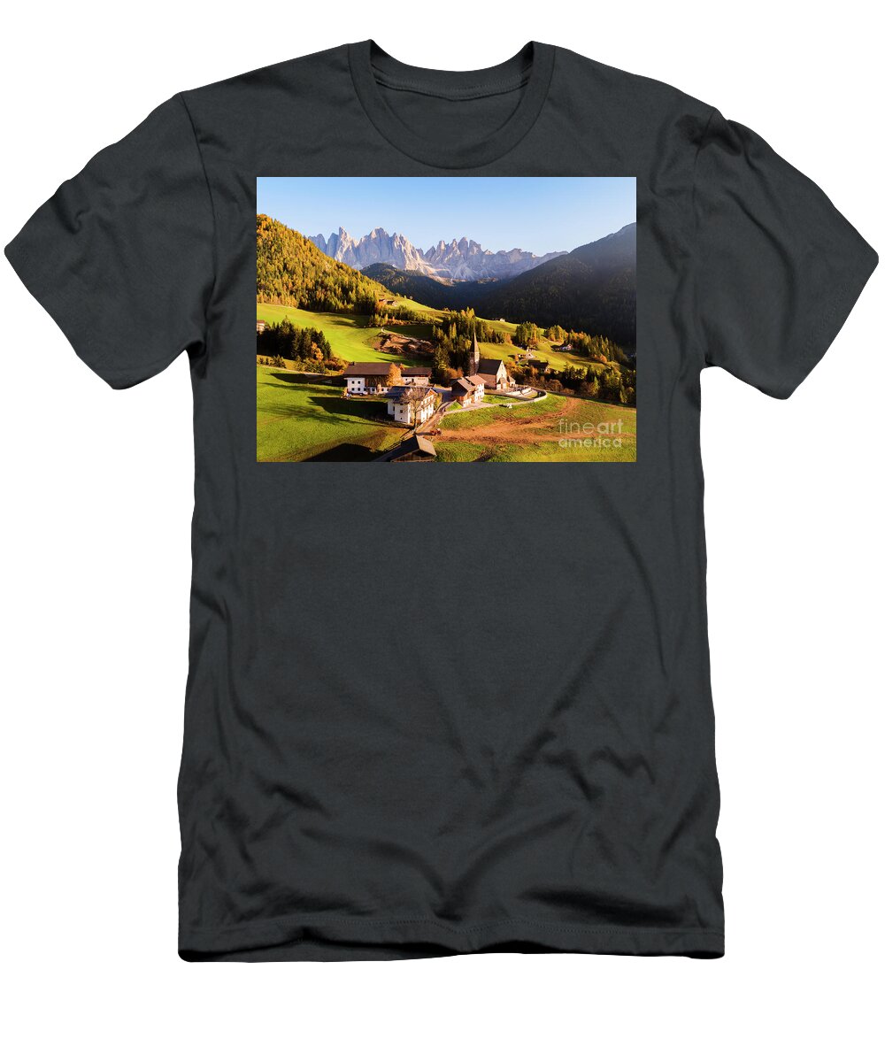 Dolomites T-Shirt featuring the photograph Aerial view of famous town in autumn, Dolomites, Italy by Matteo Colombo