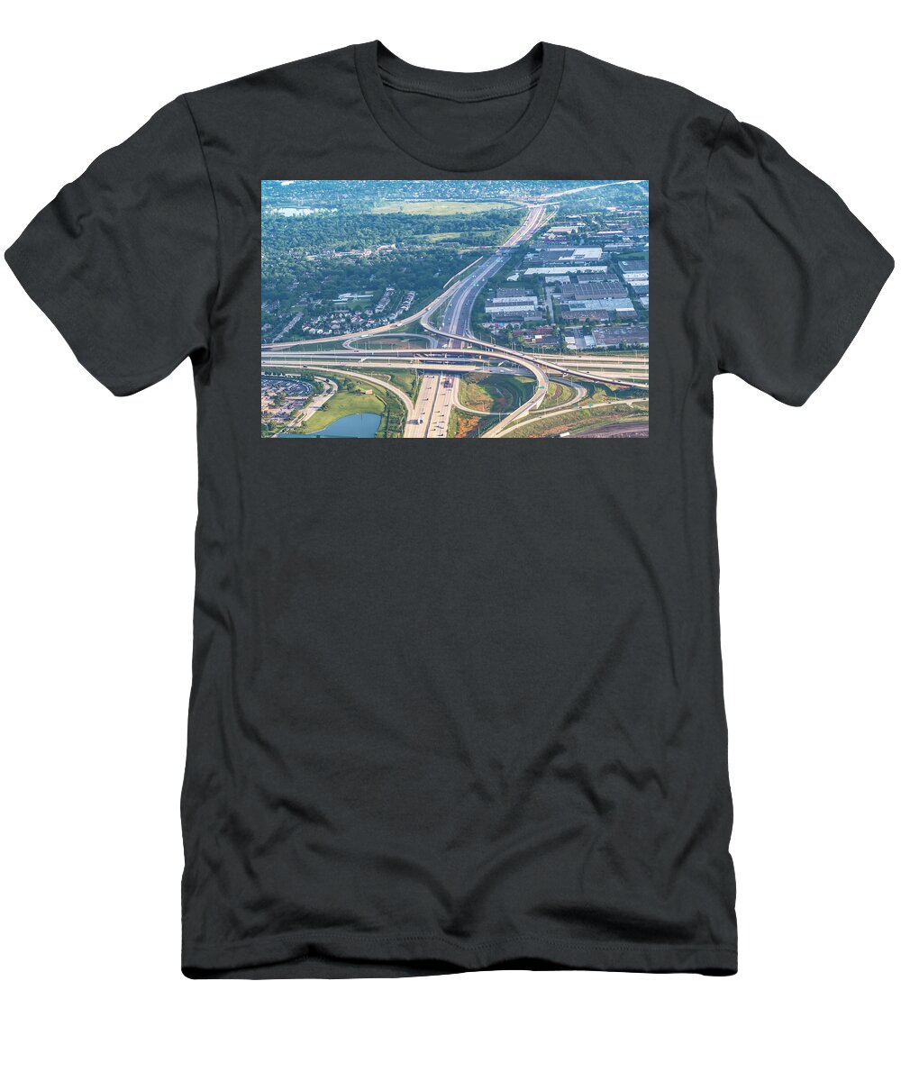 View T-Shirt featuring the photograph Aerial view of highway interchange in a city by Alex Grichenko