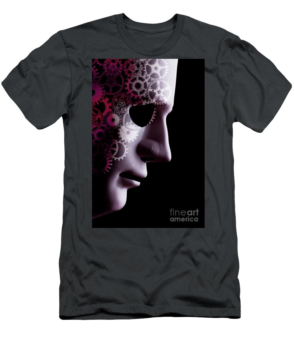 Mask T-Shirt featuring the photograph A.I. robotic face close up with cogs by Simon Bratt