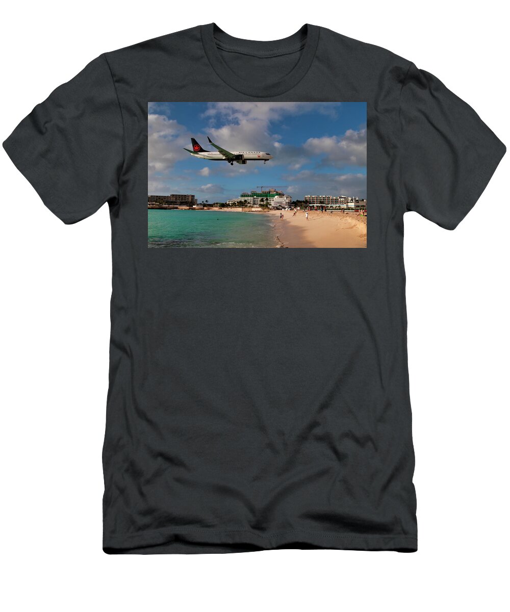 Air Canada T-Shirt featuring the photograph Air Canada landing at St Maarten airport by David Gleeson