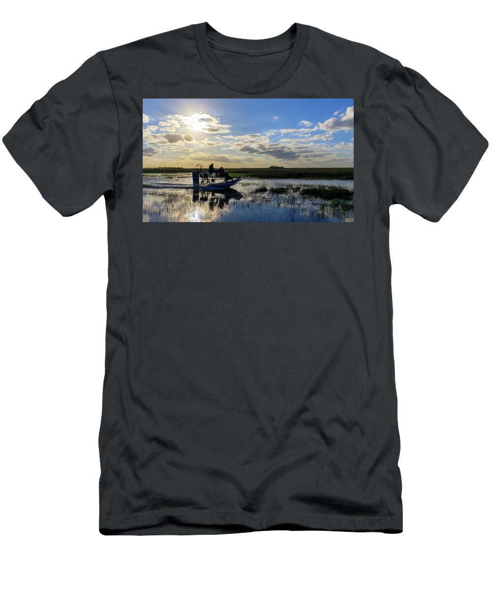 Airboat T-Shirt featuring the photograph Airboat at Sunset #660 by Michael Fryd