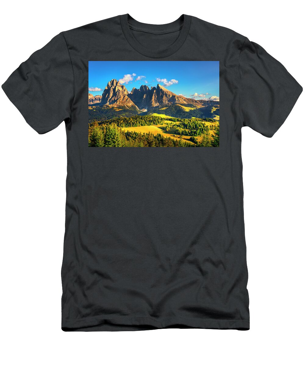 Alpe T-Shirt featuring the photograph Alpe di Siusi or Seiser Alm and Sassolungo mountain, Dolomites A by Stefano Orazzini