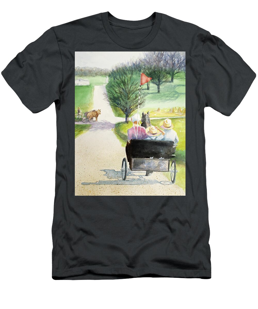 Amish T-Shirt featuring the painting Amish Buggy Ride by George Harth