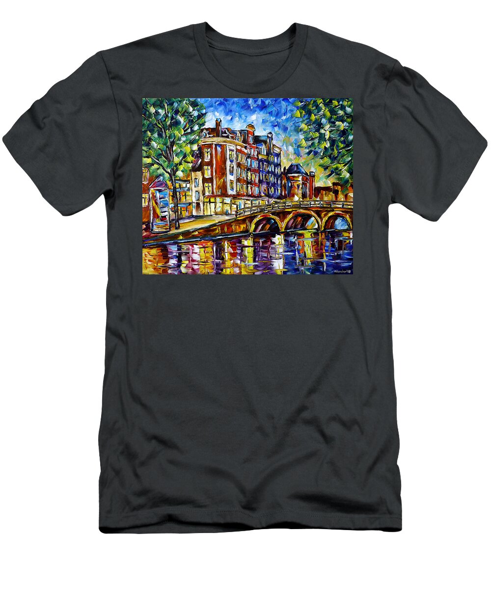 Amsterdam At Night T-Shirt featuring the painting Amsterdam In The Evening by Mirek Kuzniar