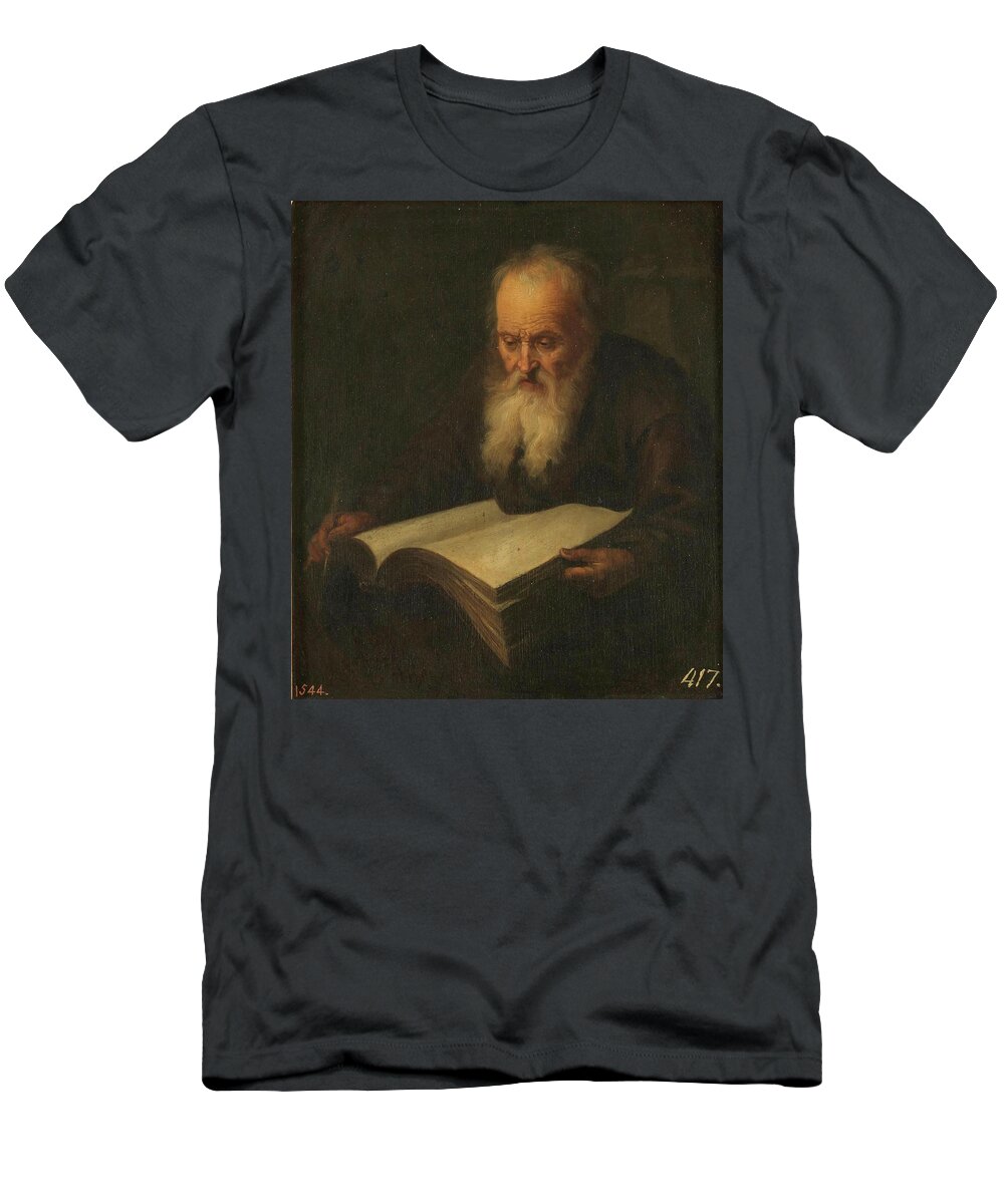 17th Century T-Shirt featuring the painting 'Anciano con un libro', 17th century, Dutch School, Oil on pan... by Gerrit Dou -1613-1675-