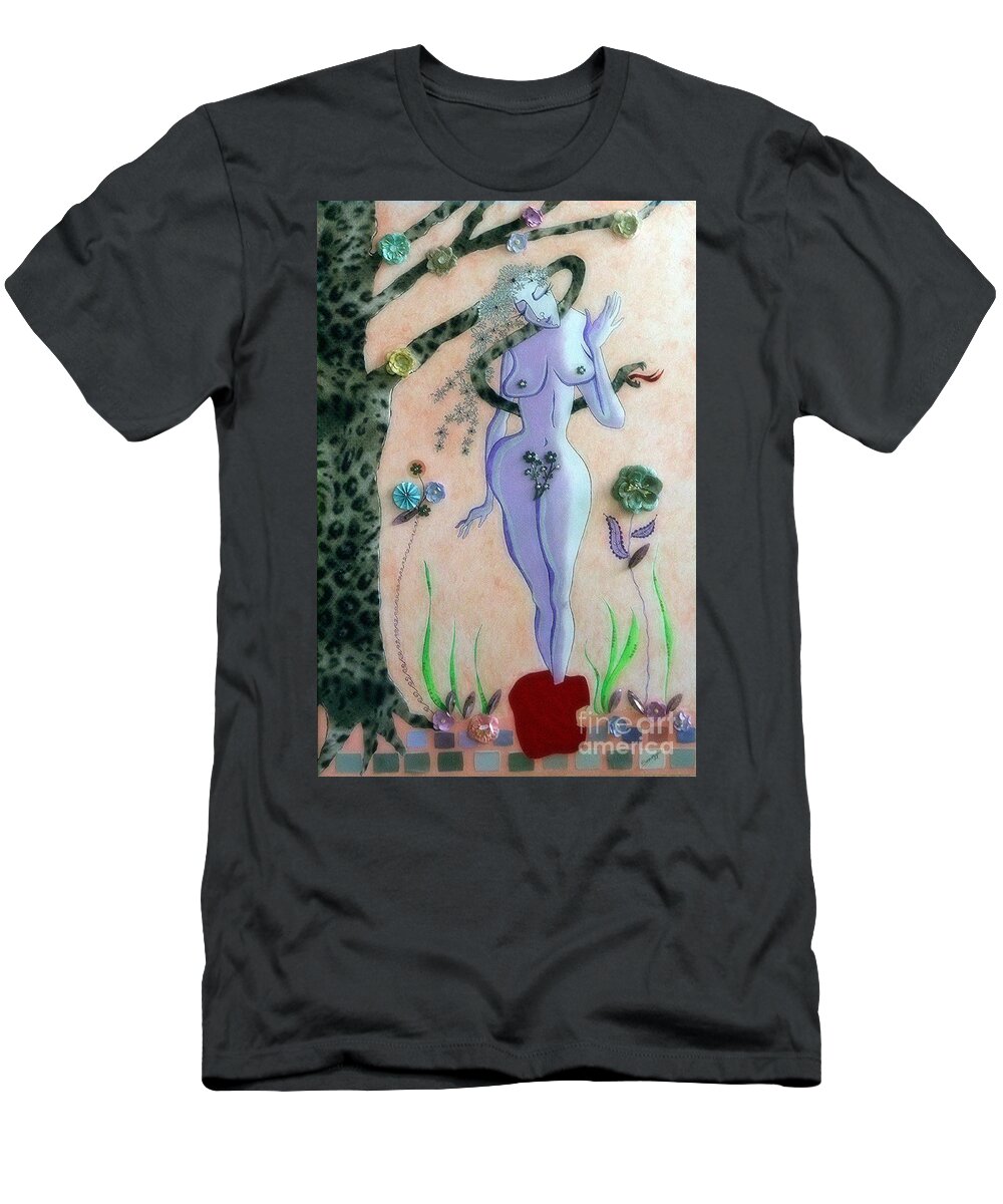 Eve T-Shirt featuring the mixed media Apple, Snake, Woman -- Eve in Garden of Eden, #4 in Famous Flirts Series by Jayne Somogy