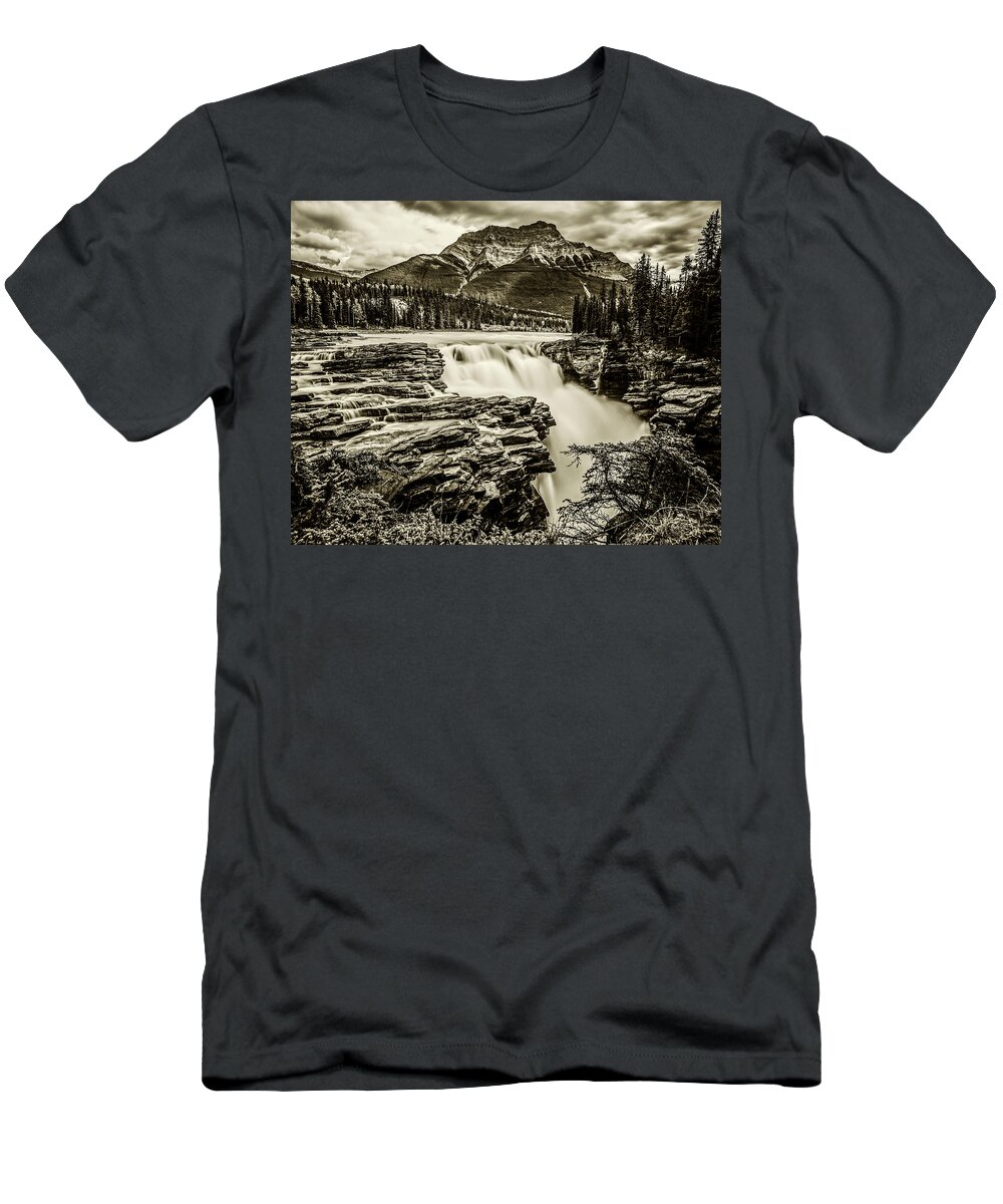 Jasper T-Shirt featuring the photograph Athabasca Falls Jasper National Park Alberta Canada Banff Sepia by Toby McGuire
