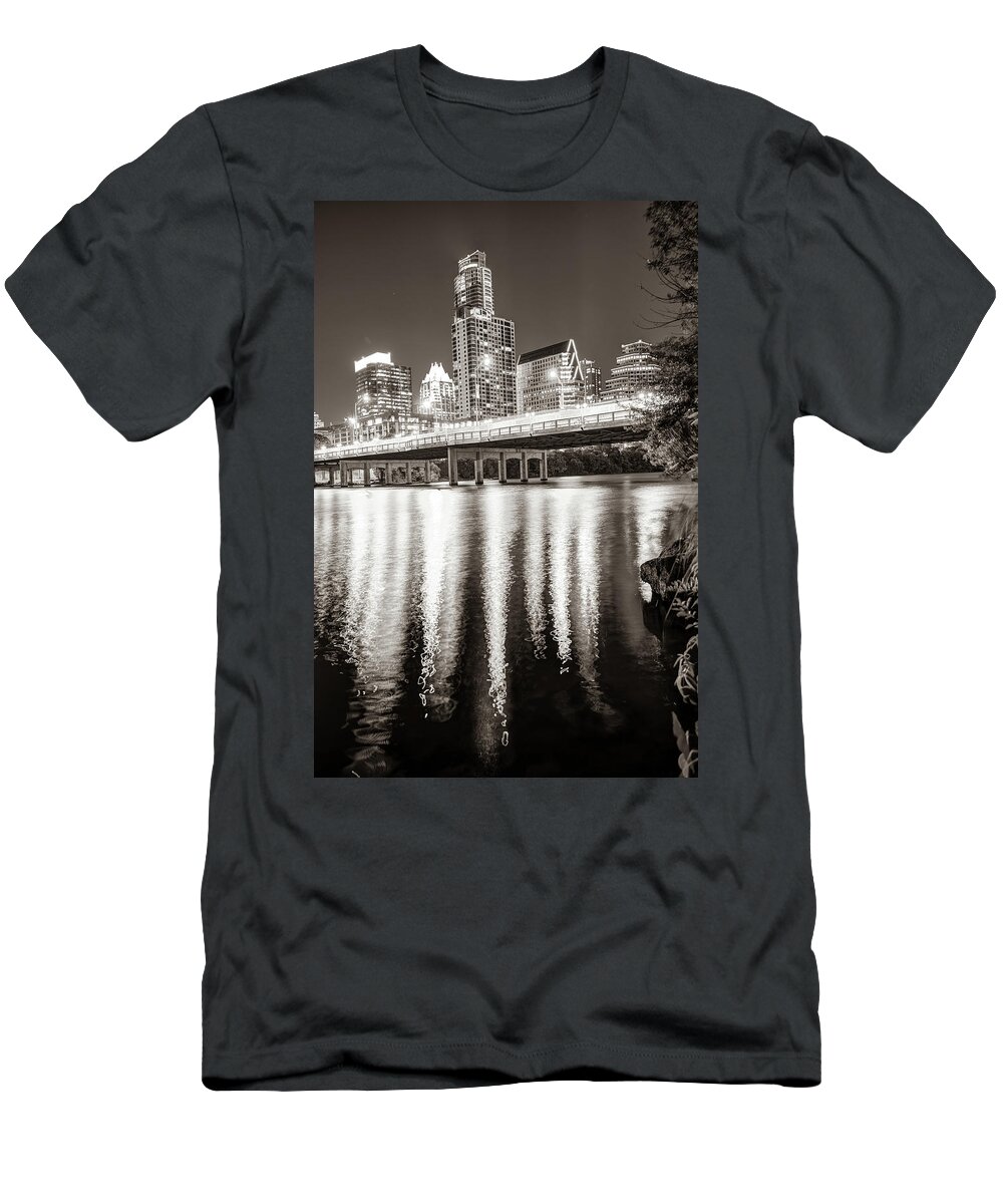 America T-Shirt featuring the photograph Austin Skyline Over Lady Bird Lake Reflections - Sepia Edition by Gregory Ballos