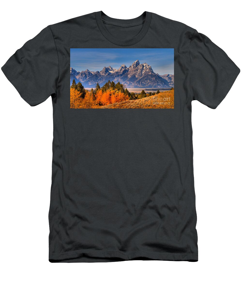 Grand Teton T-Shirt featuring the photograph Autumn Gold In The Tetons by Adam Jewell