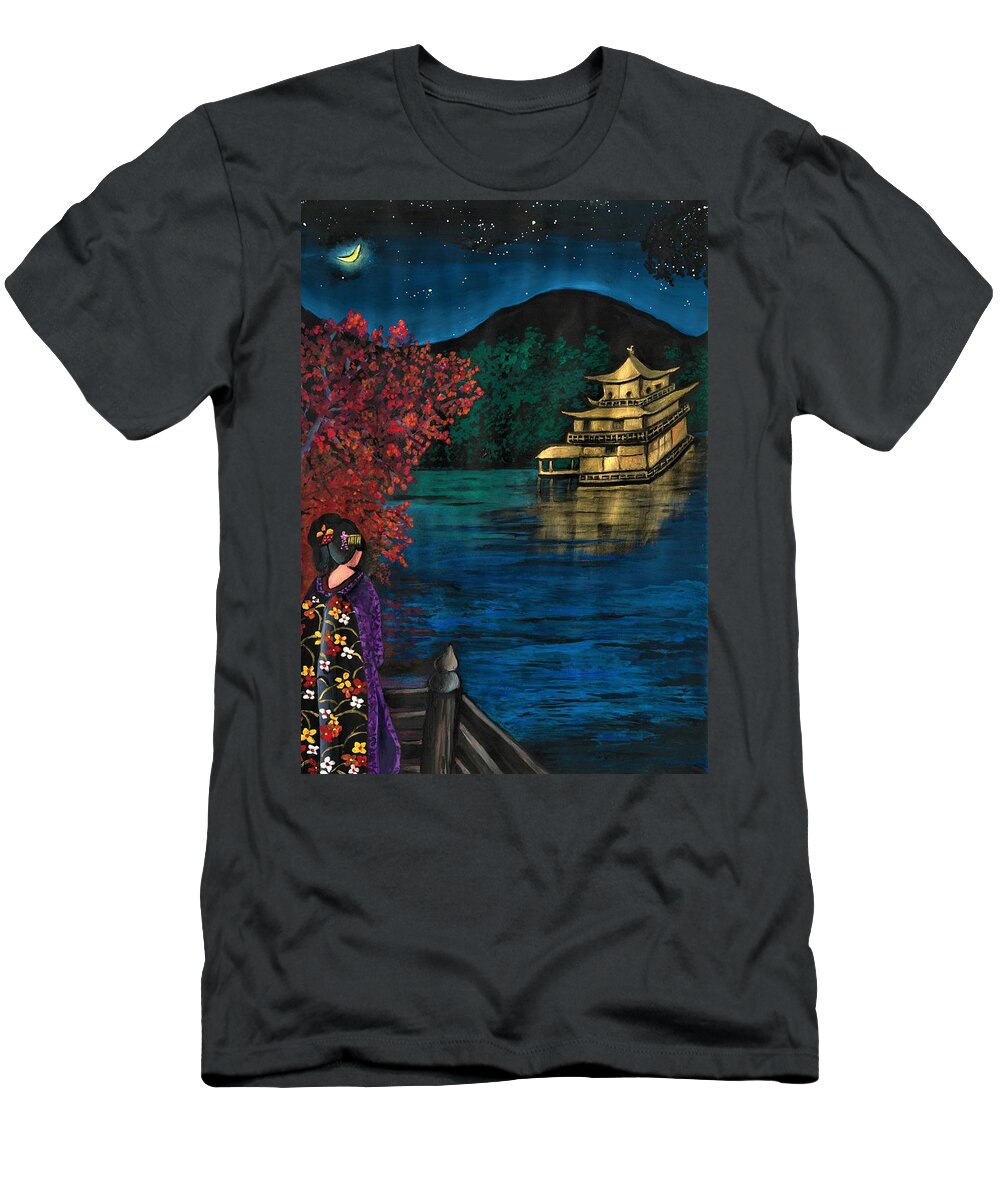 Autumn T-Shirt featuring the painting Autumn night scene, Japan by Tara Krishna