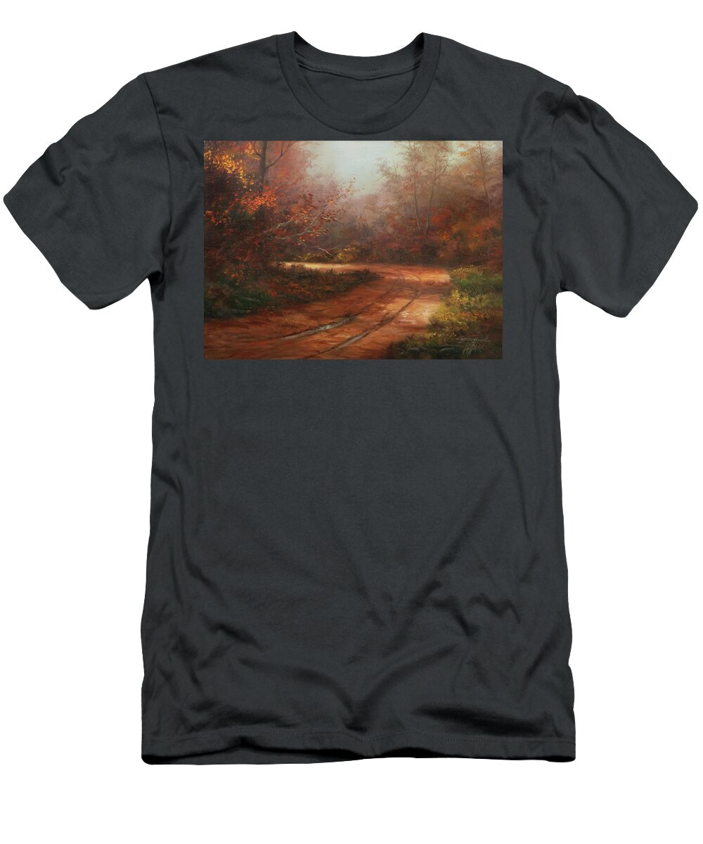 Autumn Walk T-Shirt featuring the painting Walking An Autumn Road by Lynne Pittard