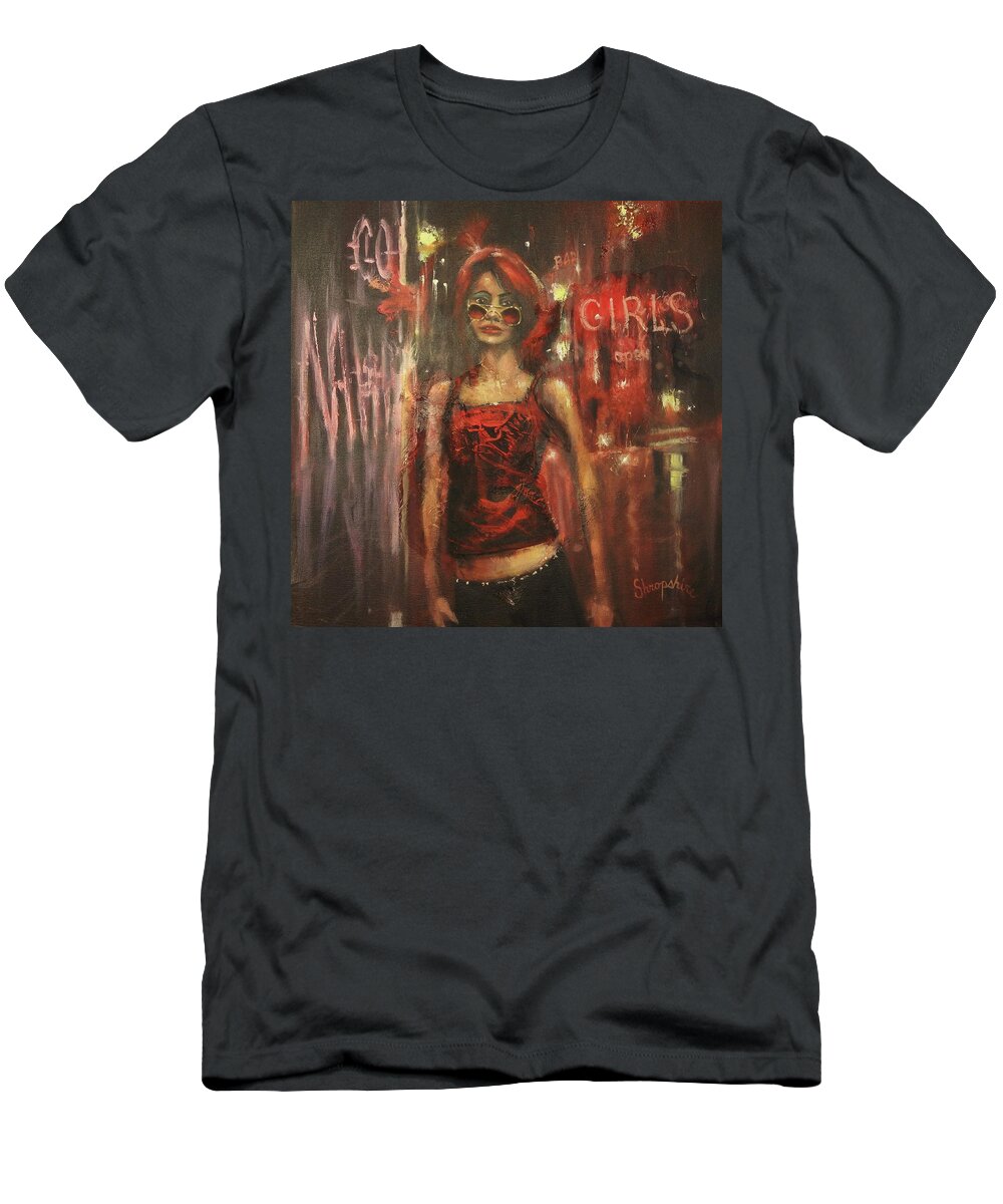 City At Night T-Shirt featuring the painting Bar Girl by Tom Shropshire