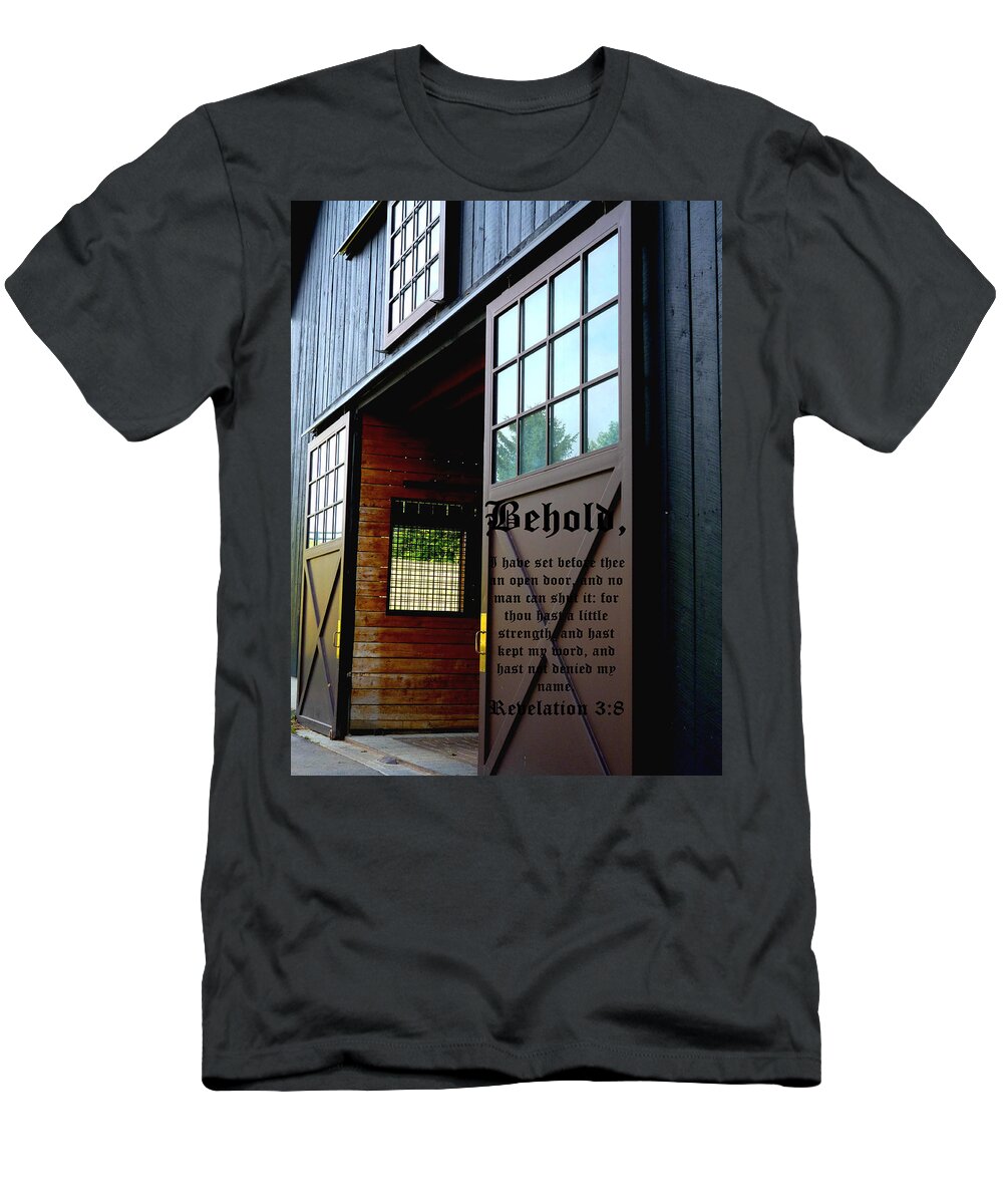 Barn T-Shirt featuring the photograph Barn Door Perspective with Revelation 3 vs 8 by Mike McBrayer