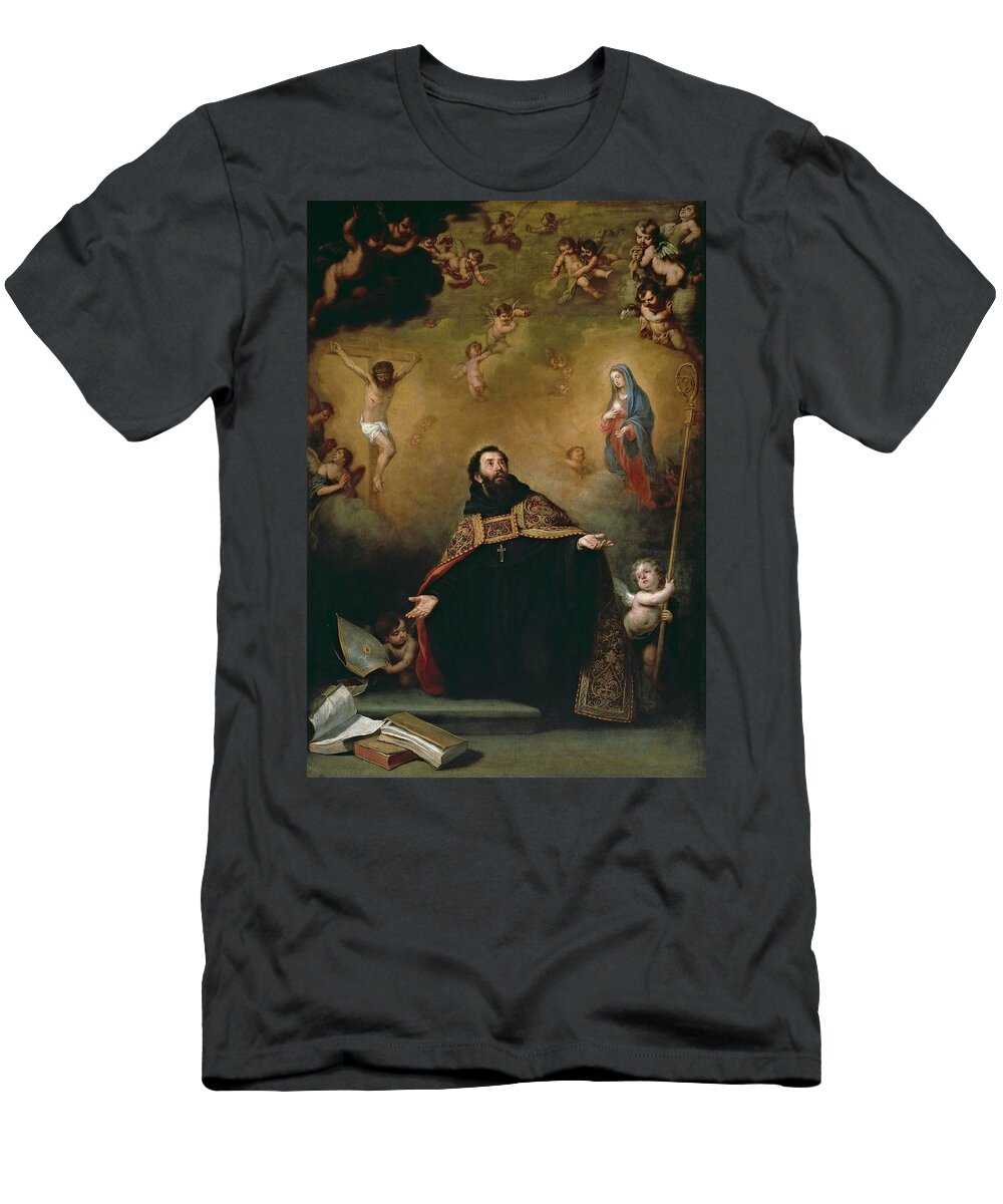Bartolome Esteban Murillo T-Shirt featuring the painting Bartolome Esteban Murillo / 'San Agustin entre Cristo y la Virgen', 1663-1664, Spanish School. by Bartolome Esteban Murillo -1611-1682-