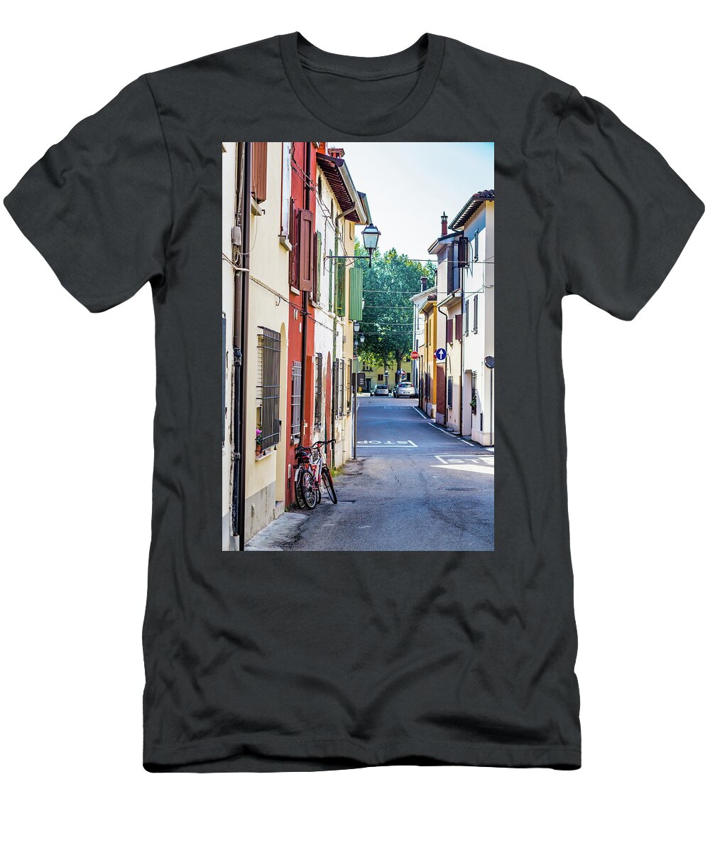 Italy T-Shirt featuring the photograph Bicycle supported on the wall by Vivida Photo PC