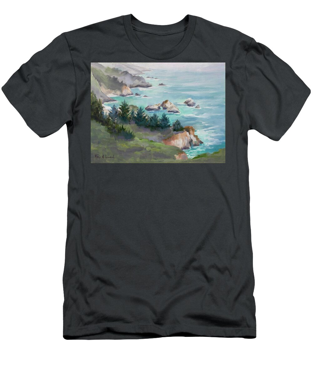 Big Sur T-Shirt featuring the painting Big Sur in the Mist by Karin Leonard