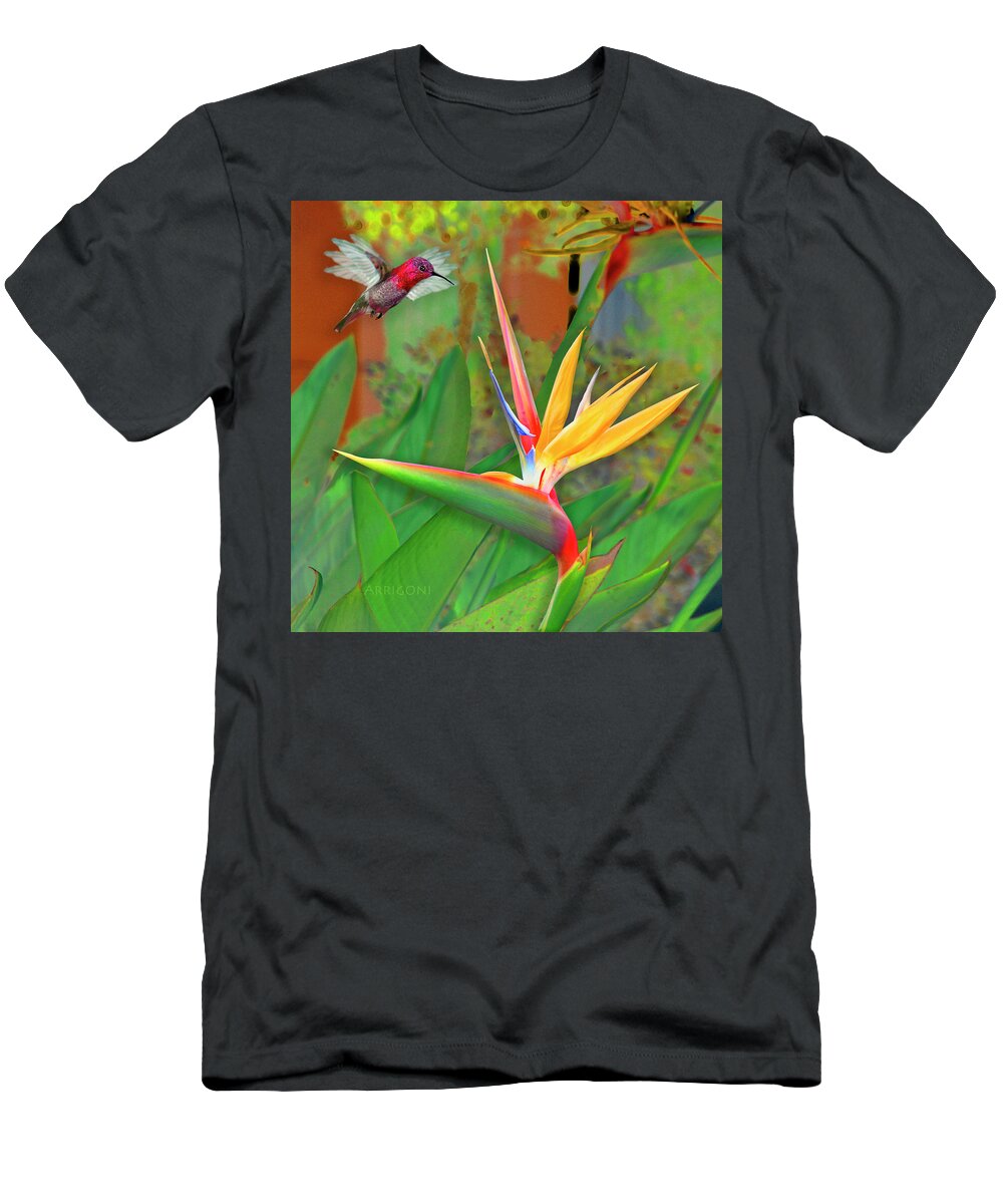 Bird Of Paradise T-Shirt featuring the painting Birds of Paradise, Green by David Arrigoni