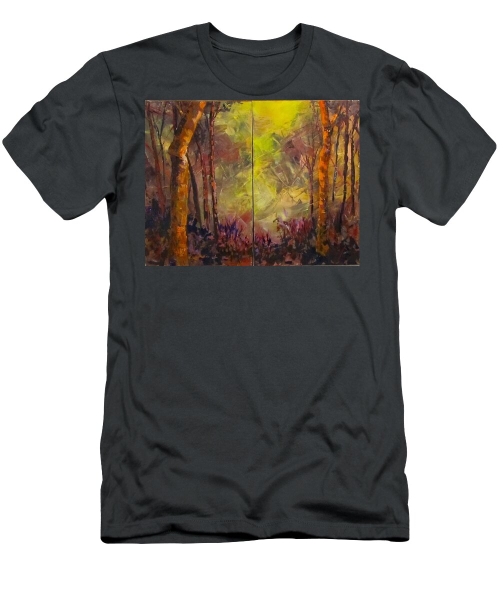Diptych T-Shirt featuring the painting Black Bird Forest by Barbara O'Toole
