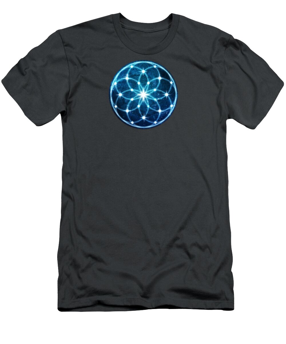 Seed Of Life T-Shirt featuring the digital art Blue Cosmic Geometric Flower Mandala by Laura Ostrowski
