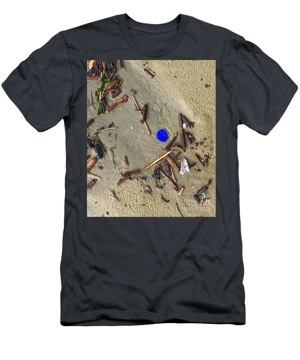 Blue T-Shirt featuring the photograph Blue Plastic on Sand by Suzanne Lorenz