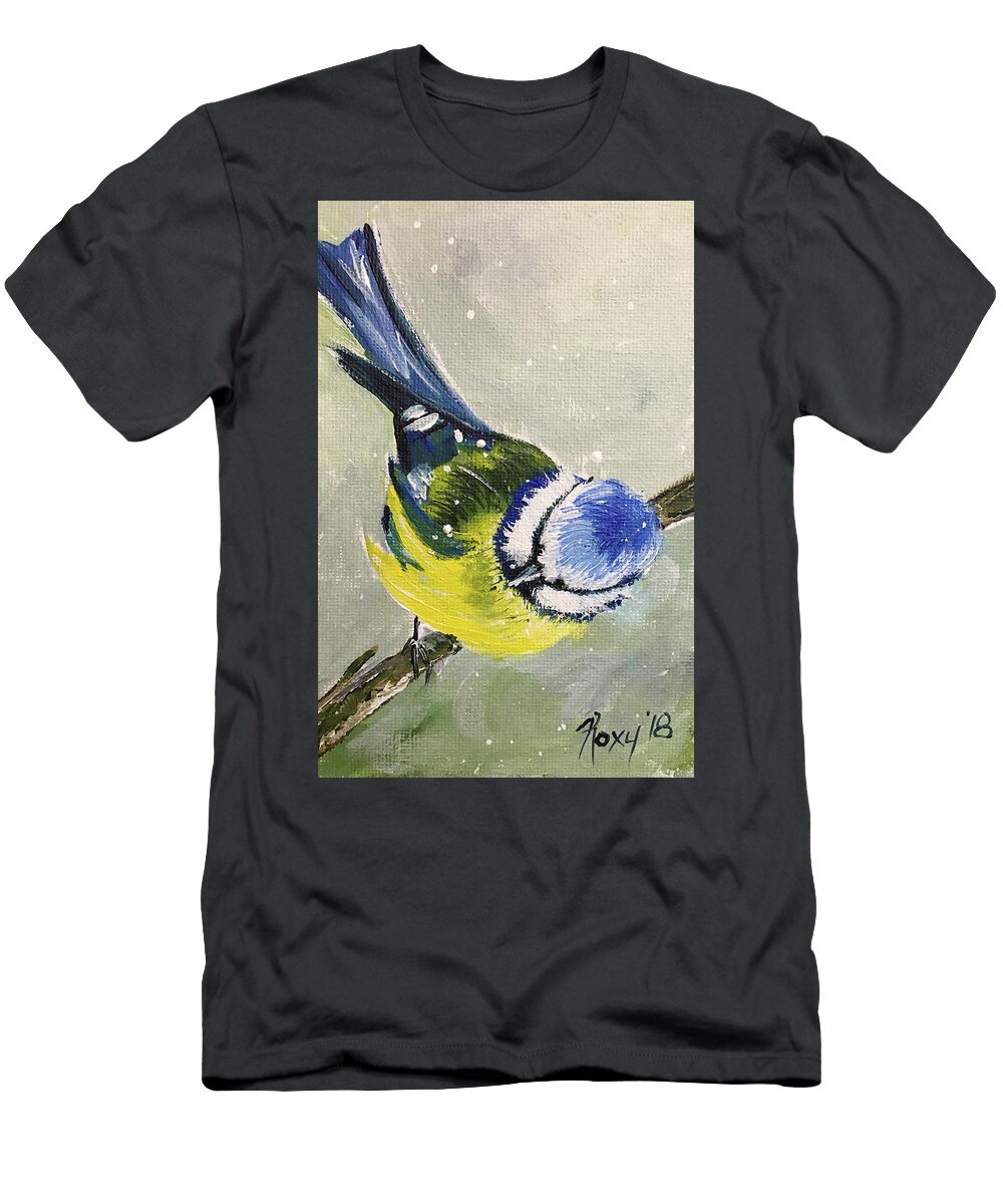 Bird T-Shirt featuring the painting Blue Tit in Snow by Roxy Rich