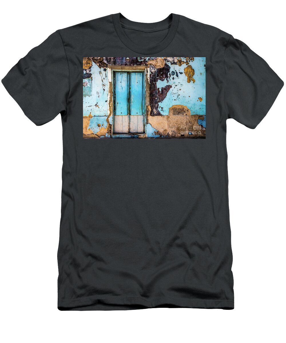 Wall T-Shirt featuring the photograph Blue wall and door by Lyl Dil Creations
