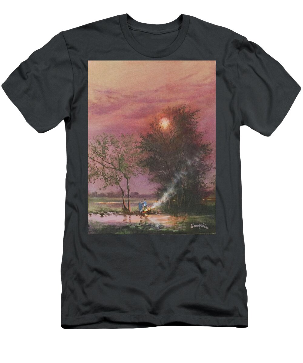 ; Bonfire T-Shirt featuring the painting Bonfire By The Creek by Tom Shropshire