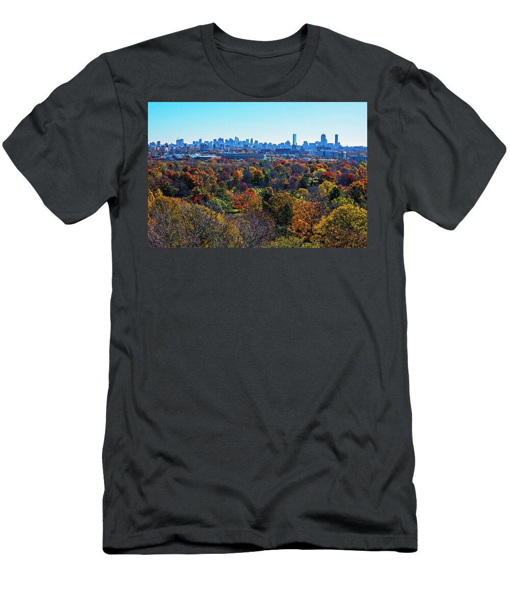 Boston T-Shirt featuring the photograph Boston Through the Autumn Trees Boston MA Sunny Day Mount Auburn Cemetery by Toby McGuire