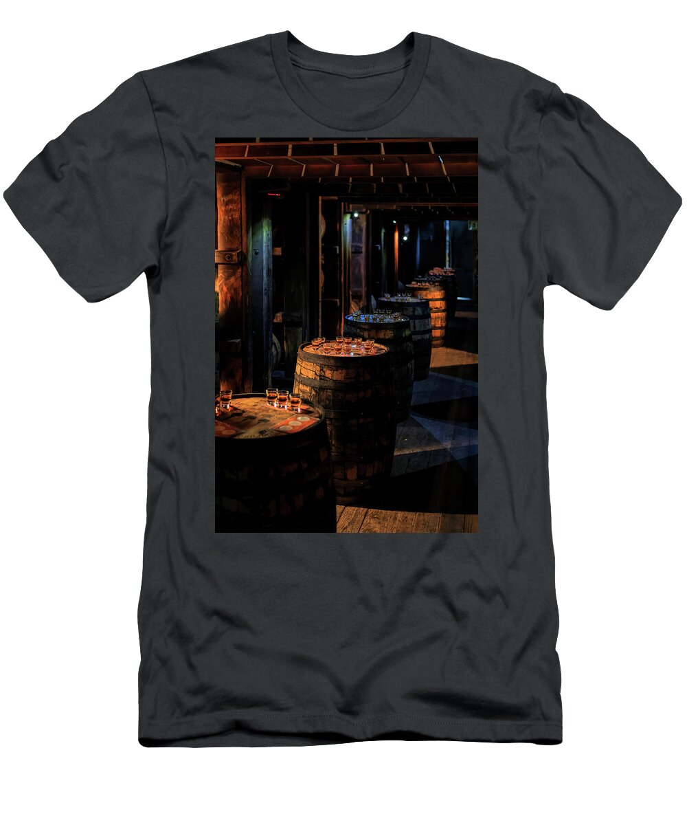 Woodford Reserve T-Shirt featuring the photograph Bourbon Tasting Between the Ricks by Susan Rissi Tregoning